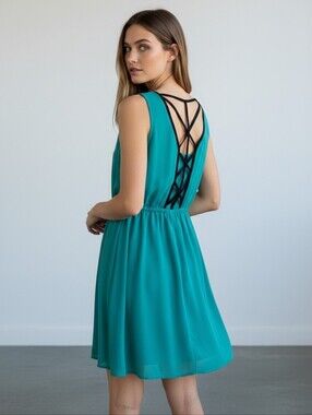 Y2K Vintage Mini Party Dress Cutout Strappy Back Teal Green Black Chic Coastal